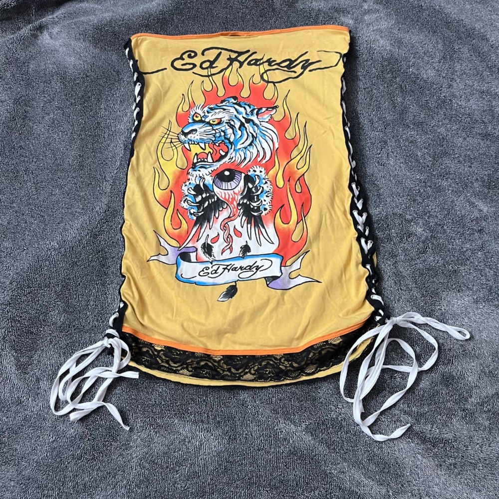 Vintage Ed Hardy Yellow Tiger Flame Lace Up Tube Top Y2K Tattoo Graphic RARE!